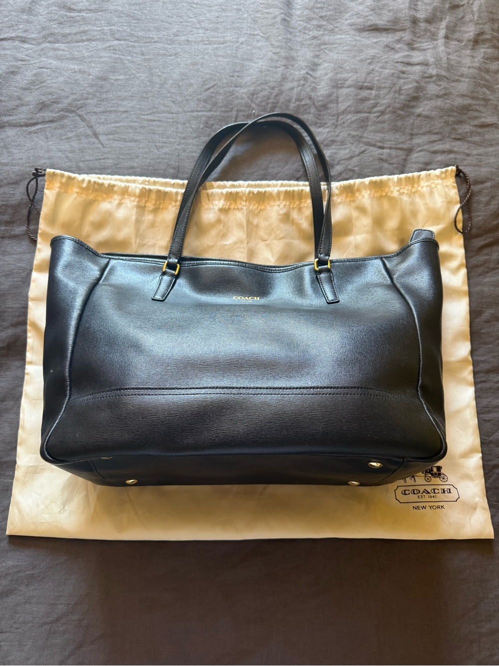 Coach Black Saffiano Leather East West Tote with Gold Hardware